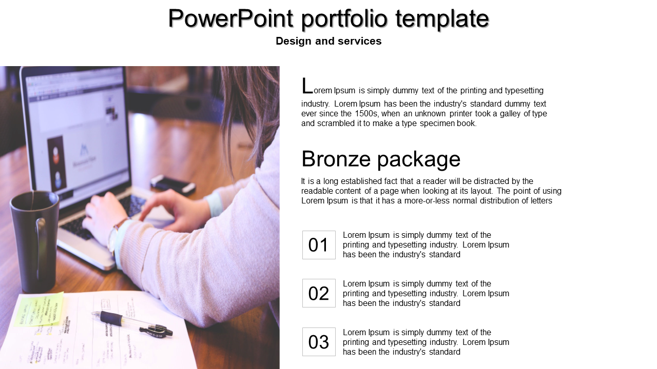 Portfolio template with a focus on a bronze package offering, along with an image of a person typing and notes on a desk.