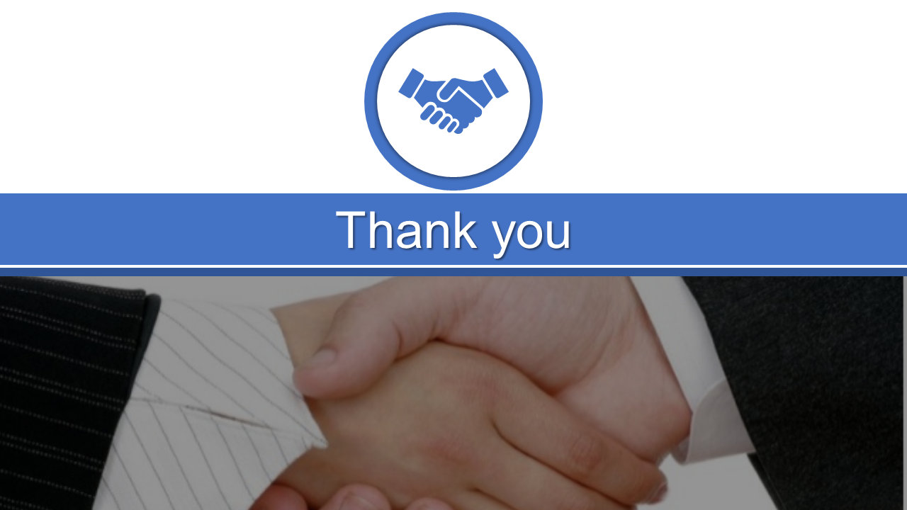 Business thank you slide with a handshake graphic and a message with an icon.