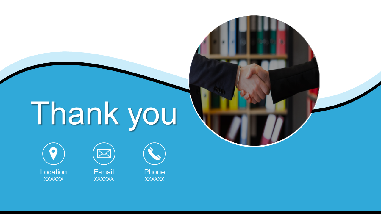 Thank you slide with a handshake image, icons for location, email, and phone, on a blue background.