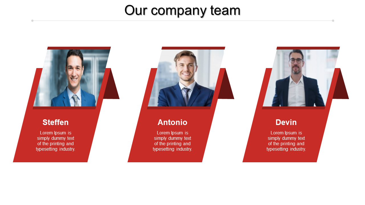 Our team presentation slide features Steffen, Antonio, and Devin with their roles and dummy text.