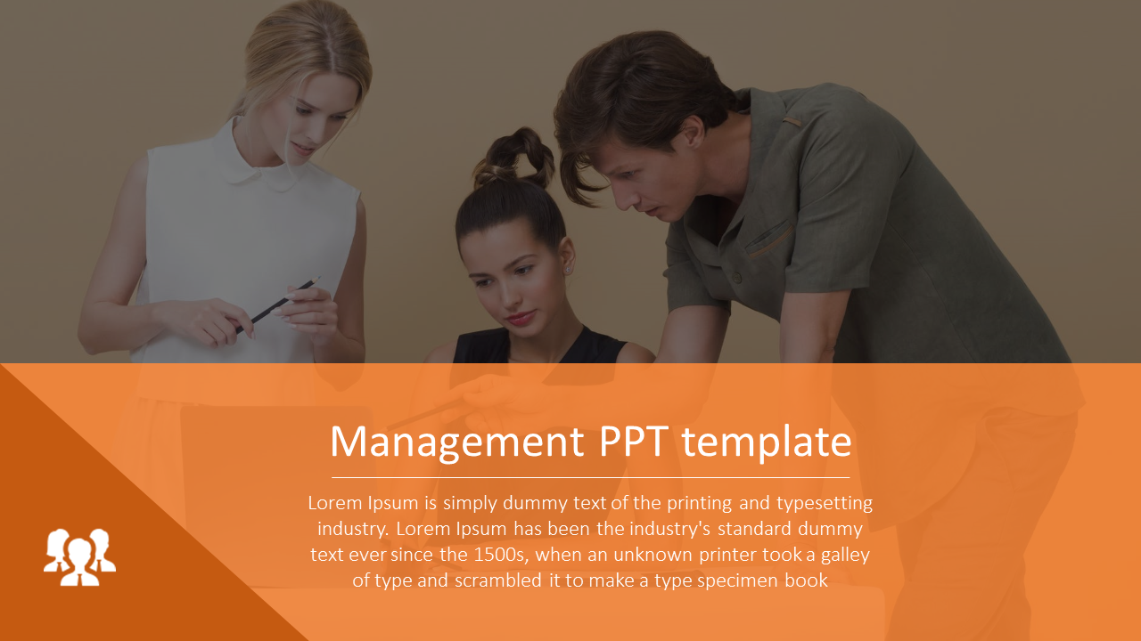 Management PowerPoint template with a team of people discussing work overlaid with orange color.