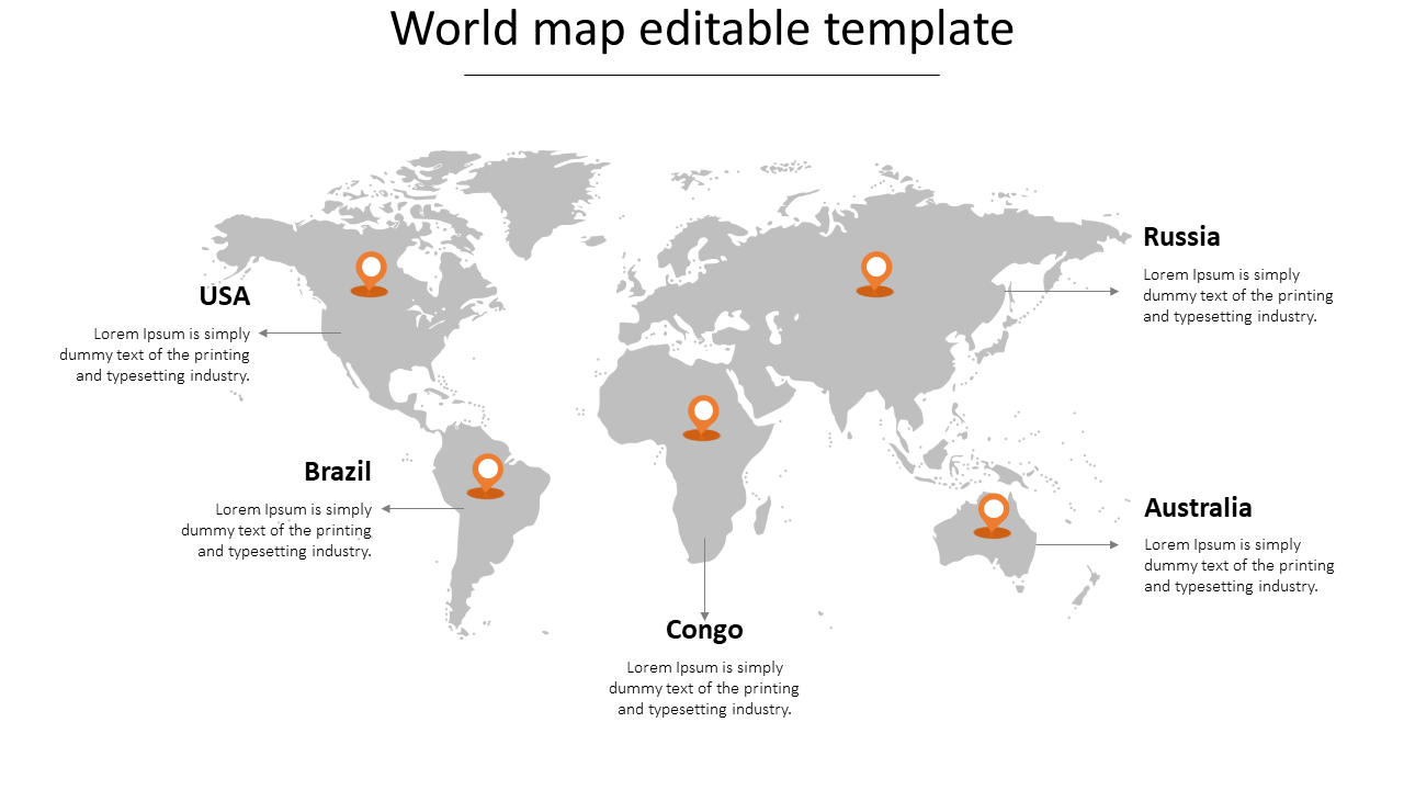 World map with location markers and text placeholders for various countries, including USA and Australia.