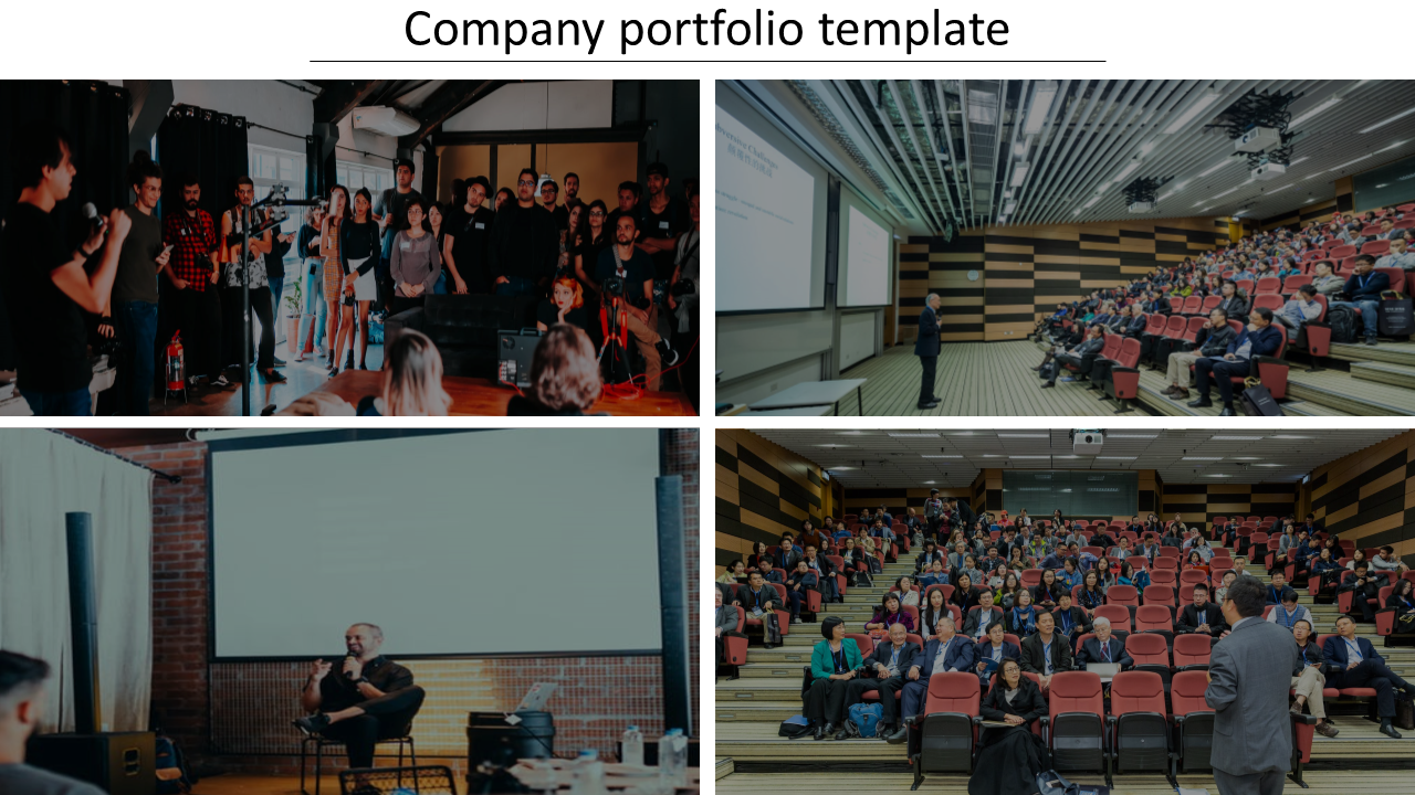 Four images displayed in a grid layout featuring group meetings, lectures, and presentations in diverse settings.