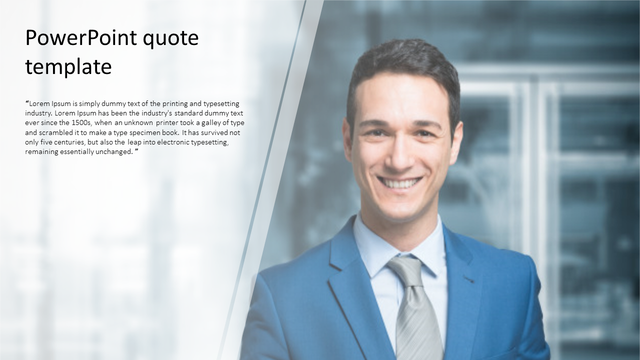 Business quote PPT slide with a professional man in a blue suit and a text with a dummy quote.