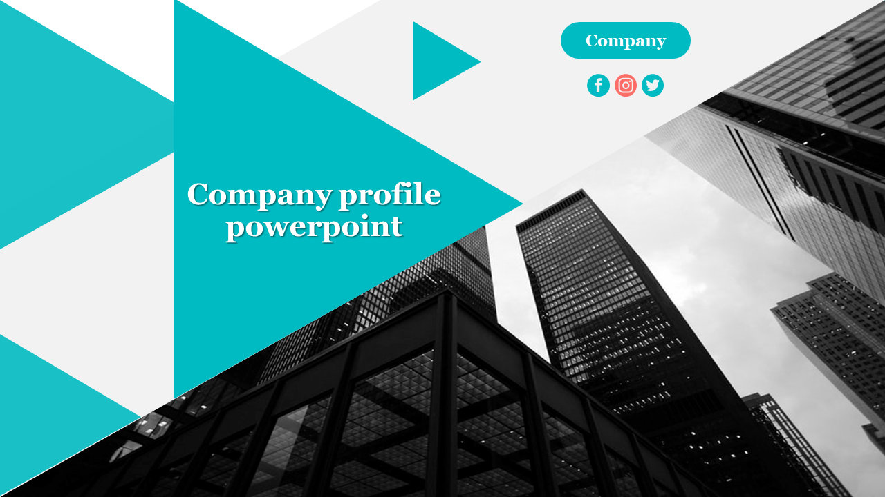 Professional company profile slide with modern design elements, including skyscrapers and social media icons.