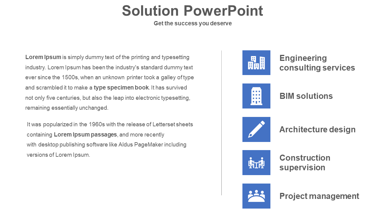 Solution PowerPoint template with icons from engineering consulting services to project management with placeholder text.