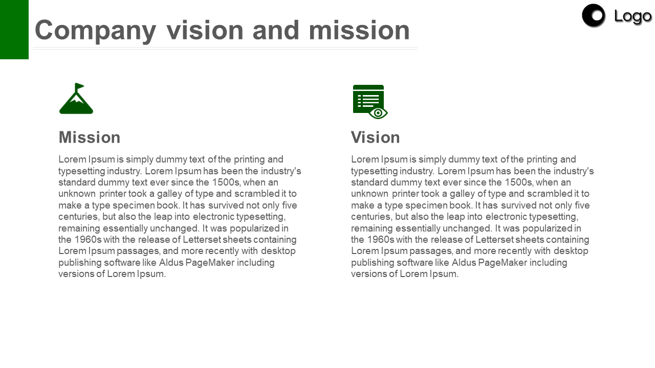 Company vision and mission PPT slide with a green flag for mission and an eye icon for vision with placeholder text.