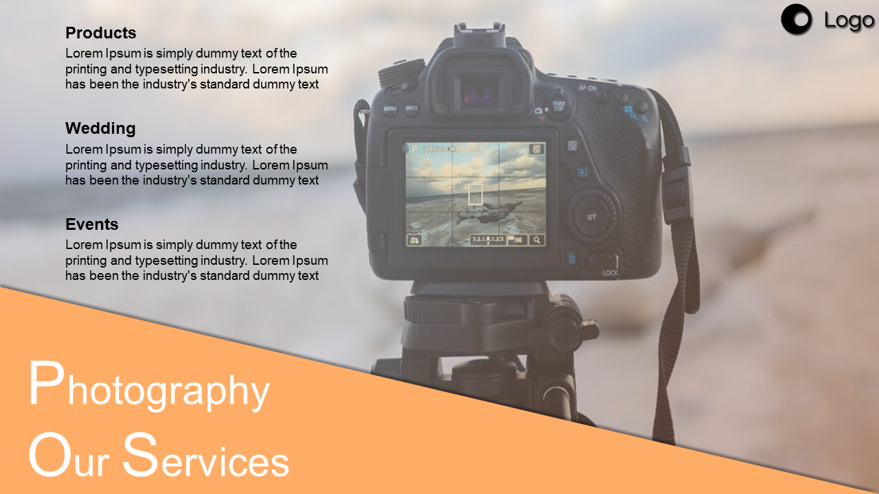 Photography template featuring a camera image with three text sections and an orange trianglar section with title below.