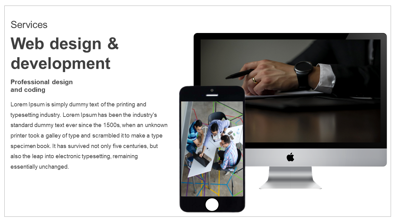 Web design slide with text, showing phone with team image in center and desktop with hand in black suit on right.