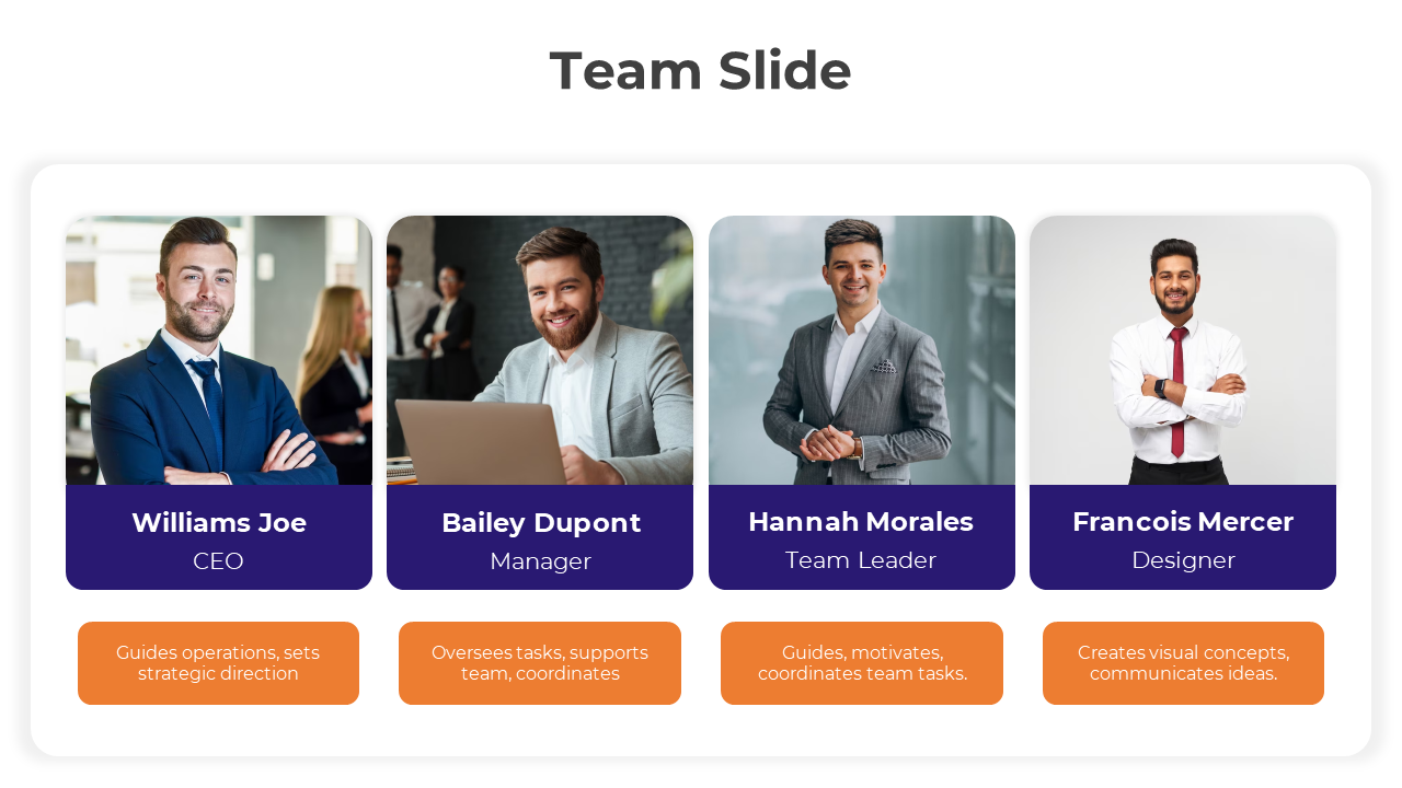 Team slide with four professionals, displaying their names, job titles, and roles, along with descriptions in orange boxes.