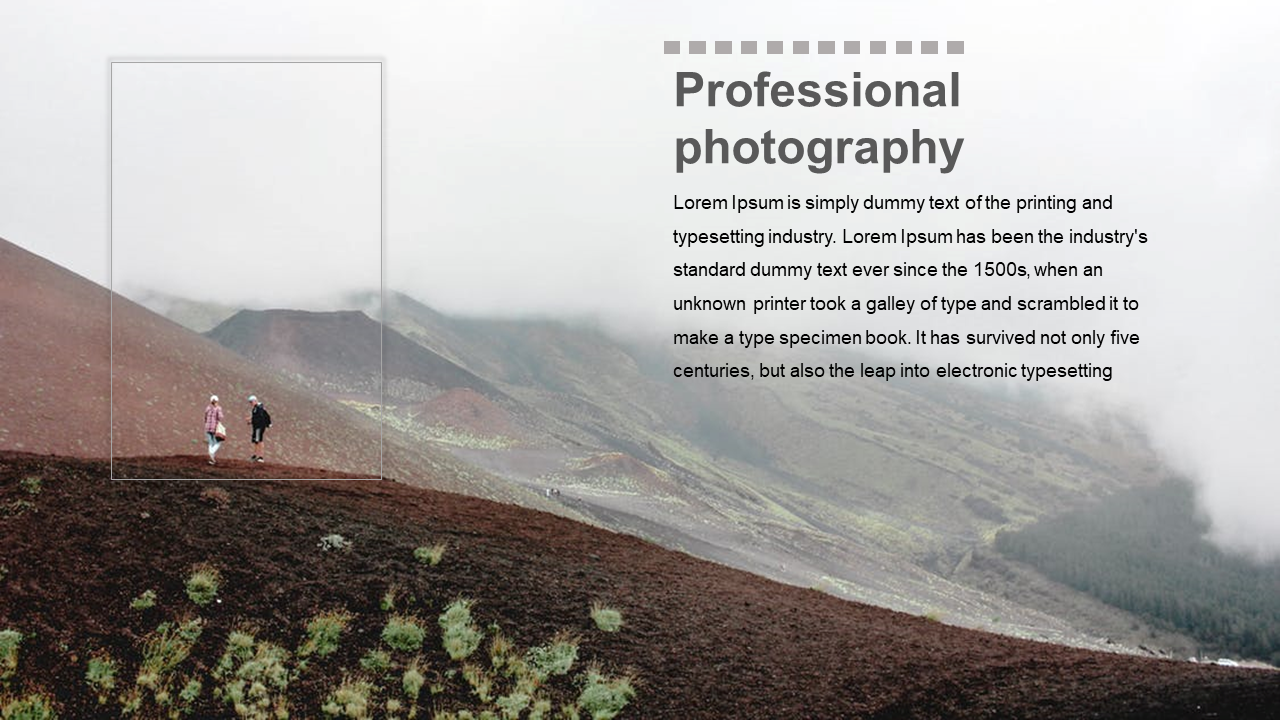 Photography PowerPoint template featuring a scenic mountain landscape with hikers and placeholder text.