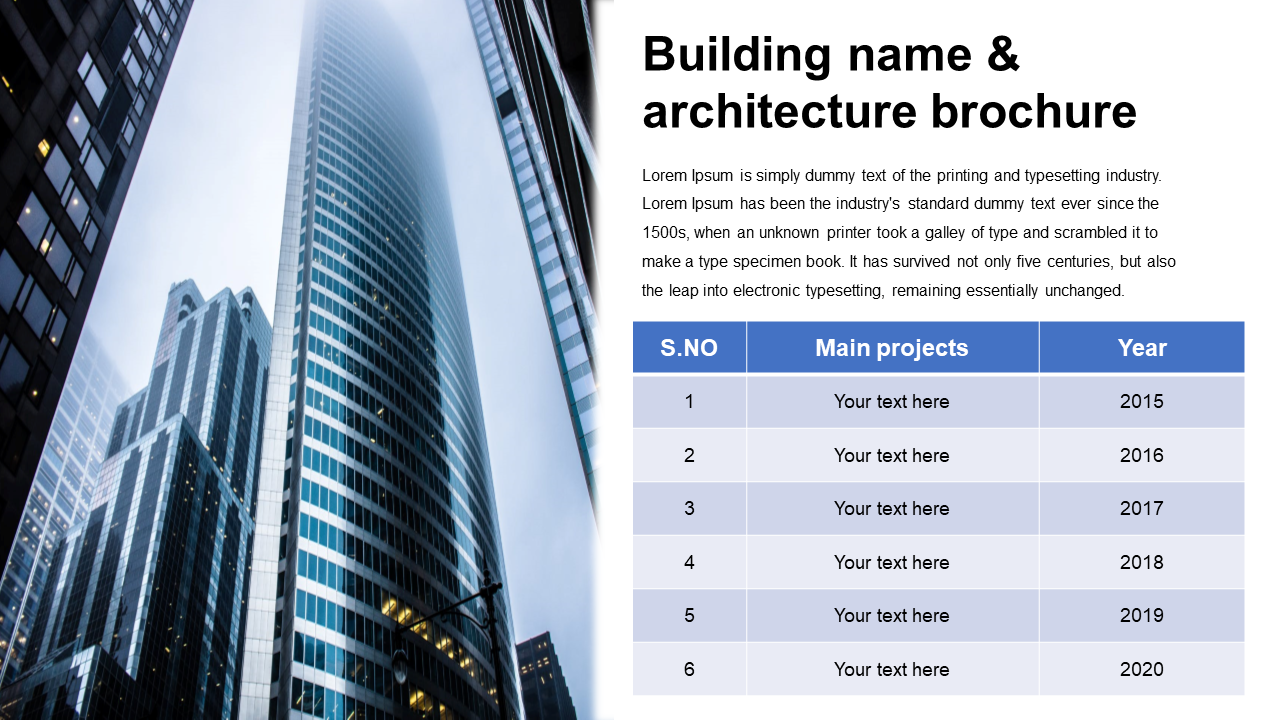 Slide displaying a modern skyscraper building with a structured table listing main projects and their corresponding years.