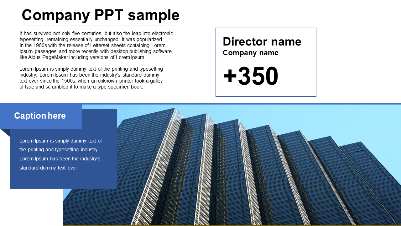 Company slide featuring a building background with sections for the director name, and statistics with a blue caption box.