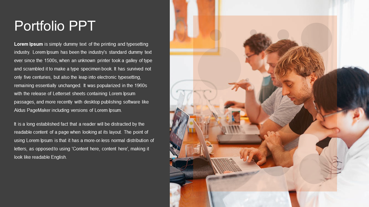 Portfolio PowerPoint template with a group of people working at a table and overlay text.