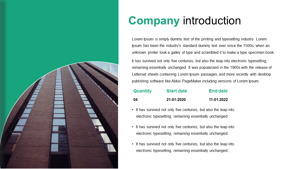 Company introduction slide featuring a skyscraper image and details about project quantity, start date, and end date.