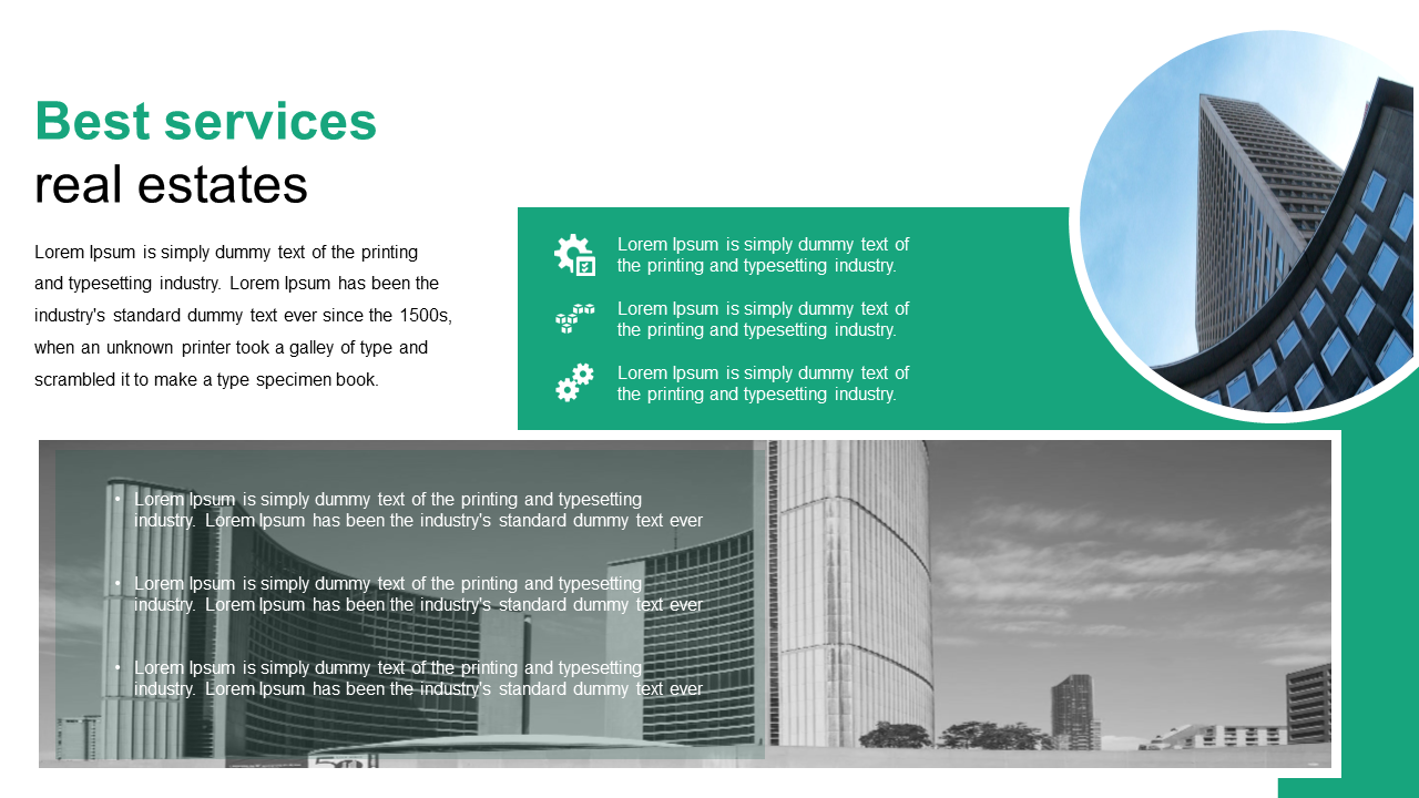 Real estate slide with a green panel listing services and a lower monochrome and top circular cityscape images.