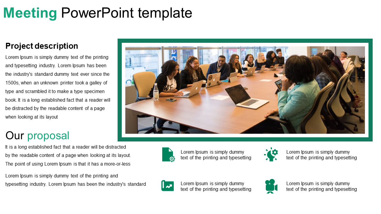 Meeting template with a green bordered image of a team sitting around a table, with text sections below.