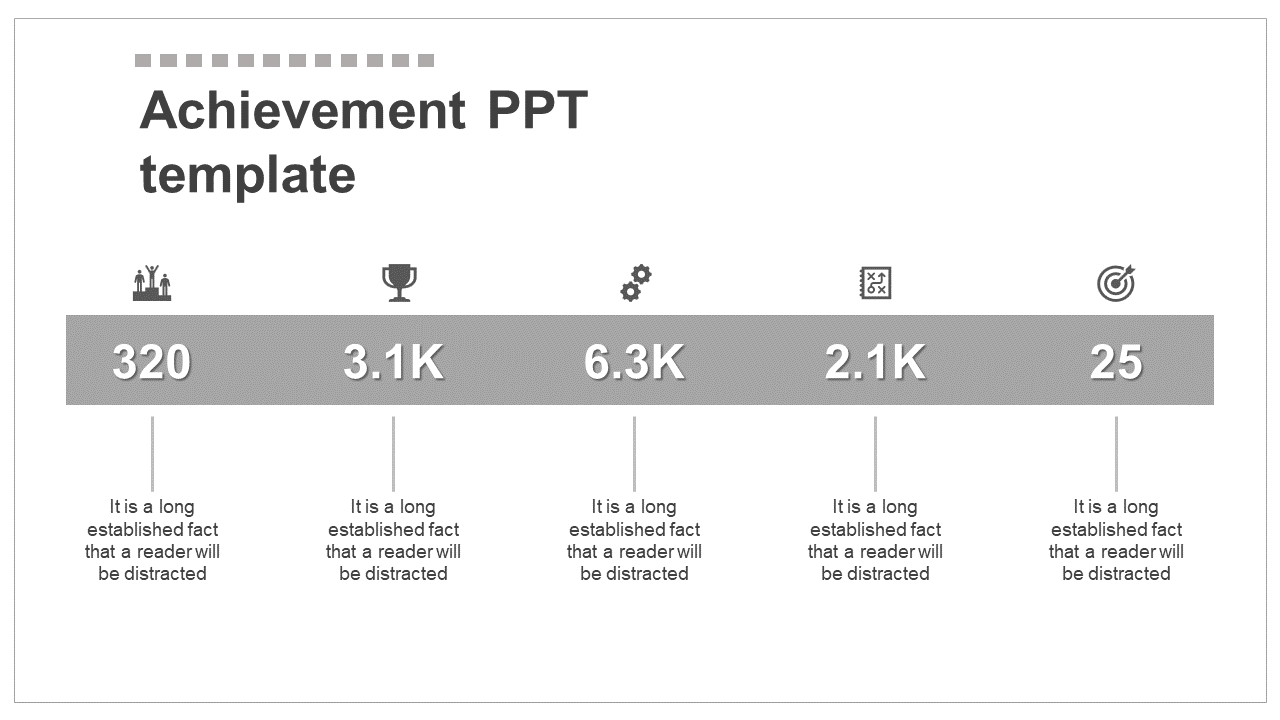 Template with five achievement metrics displayed with icons and corresponding numbers, on a gray horizontal stripe.