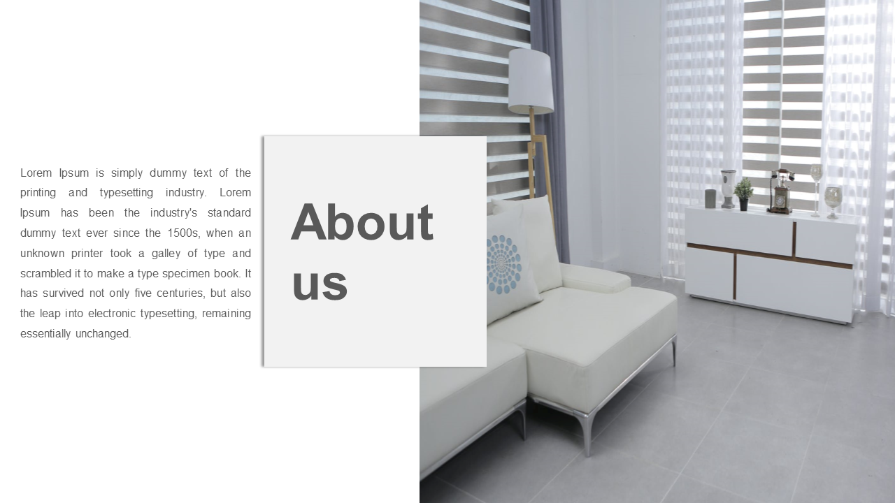 About Us PPT slide features a modern living room showcasing sleek furniture, stylish decor, and an inviting ambiance.