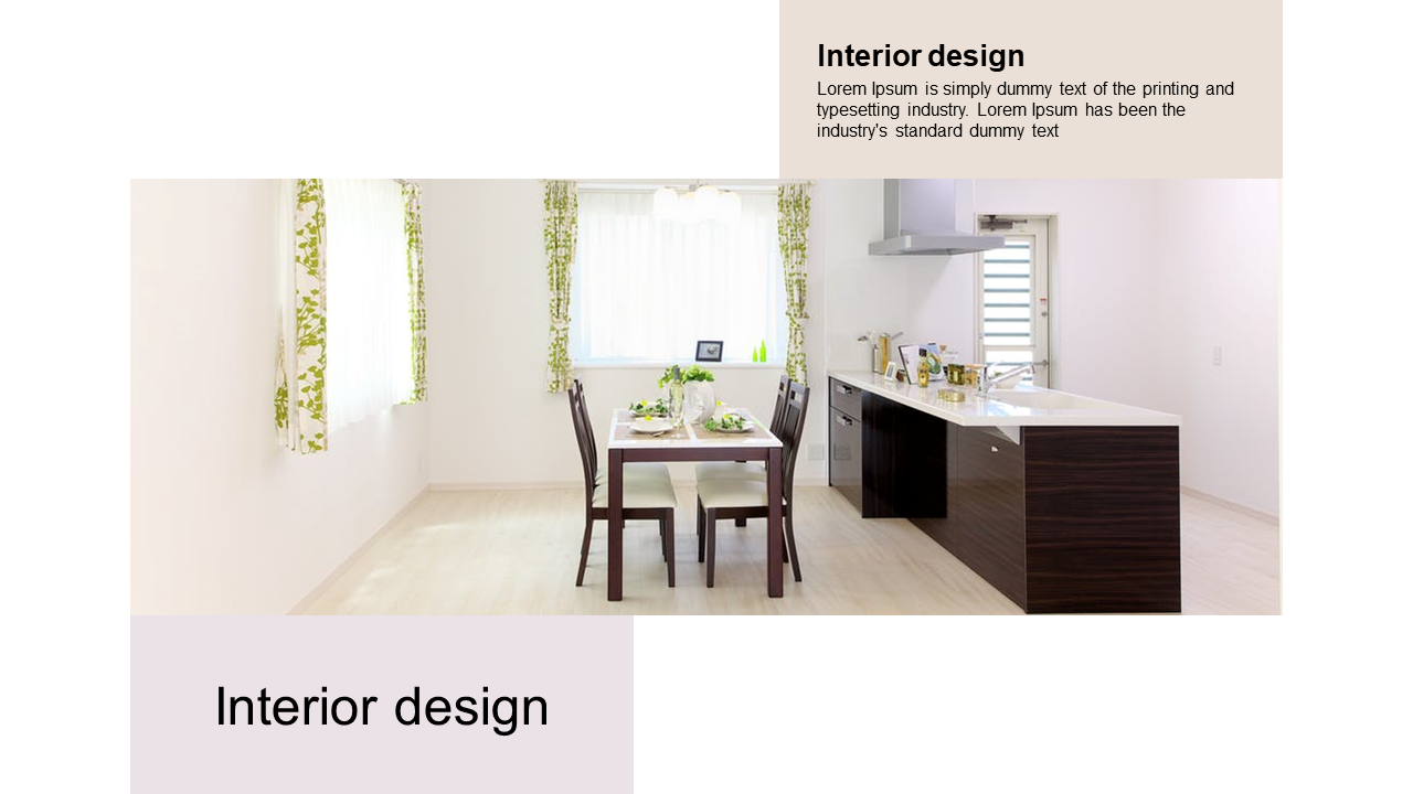 Interior design PPT slide concept featuring a sleek kitchen and a cozy dining nook with placeholder text.