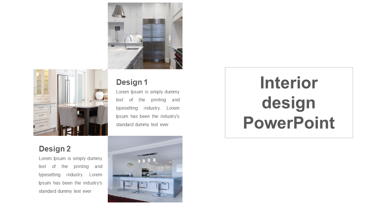 Interior design slide showcasing three images of modern kitchen interiors with two text options.