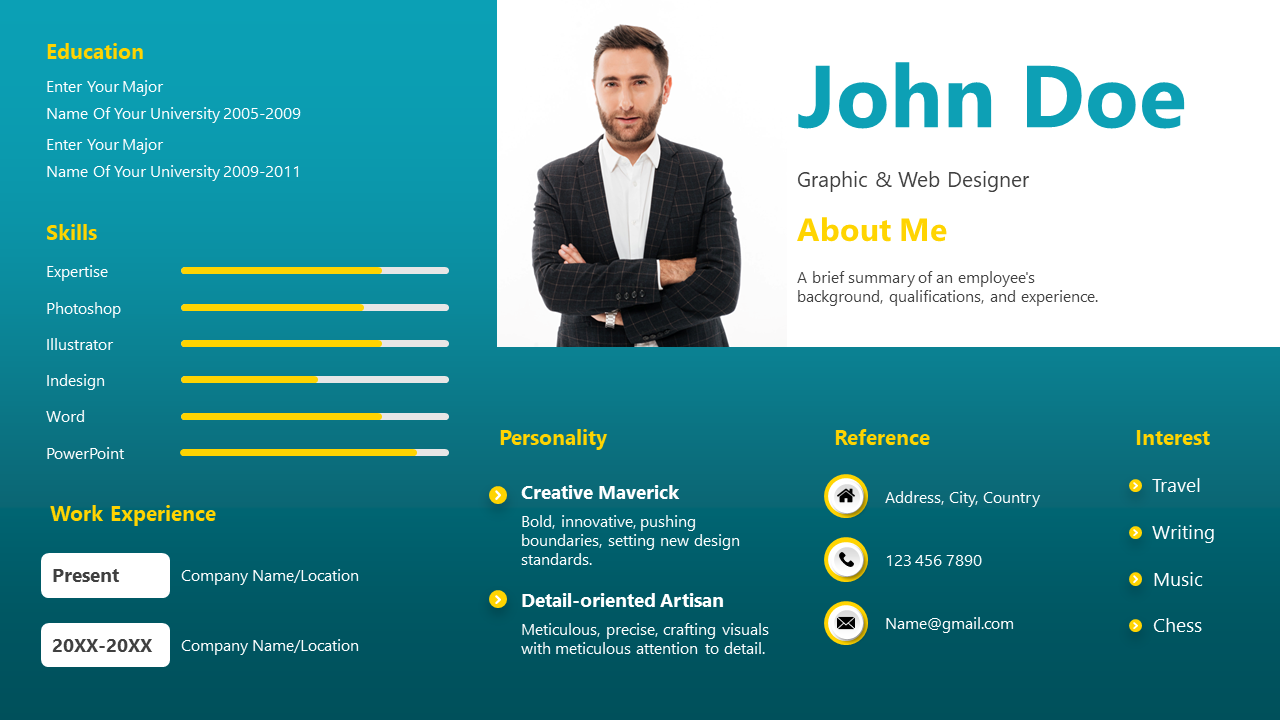 Design portfolio slide showcasing John Doe's skills, work experience, and personal profile as a graphic and web designer.