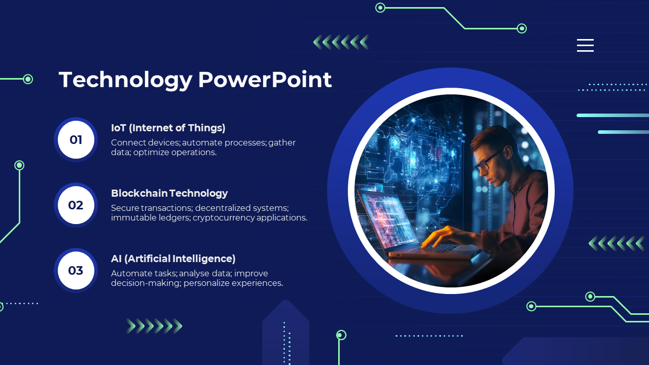 Slide with three technology topics and an image of a person working with tech, centered in a circle, on a blue backdrop.