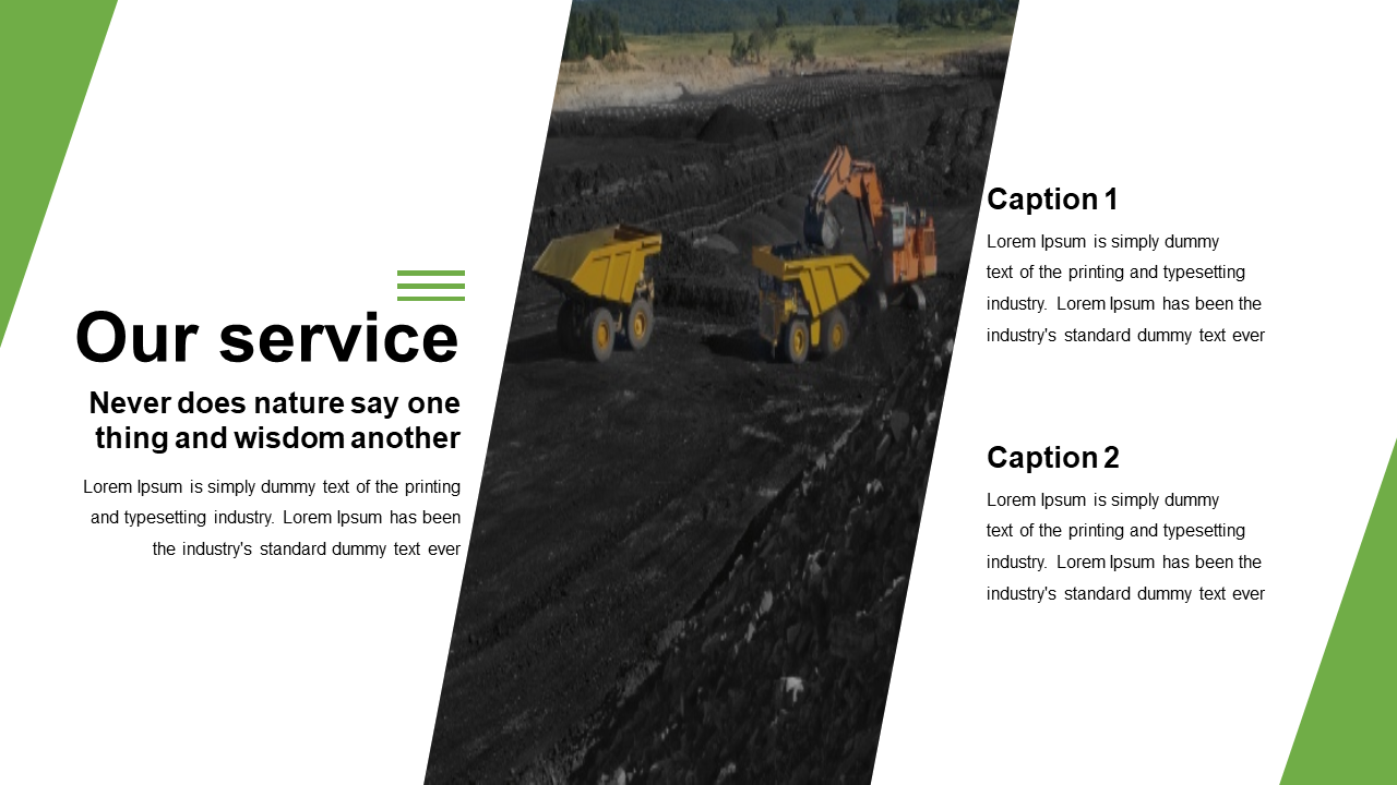 Split layout with text, central coal mining background, and two captions stacked vertically on right, with green accents.