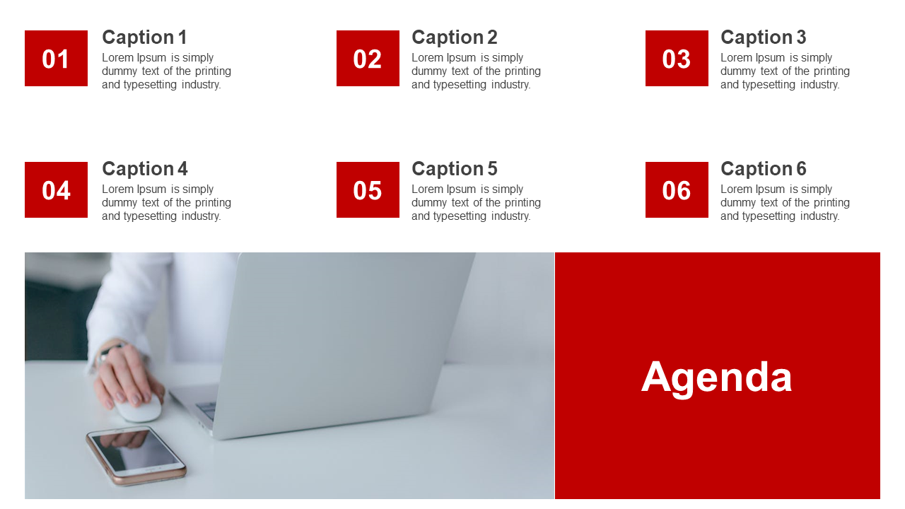 Agenda slide with six numbered captions in red, arranged in two rows, and a workspace image at the bottom.