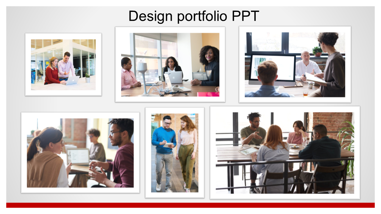 Design portfolio PPT slide showing a group of people working together, collaborating at a desk and on laptops.