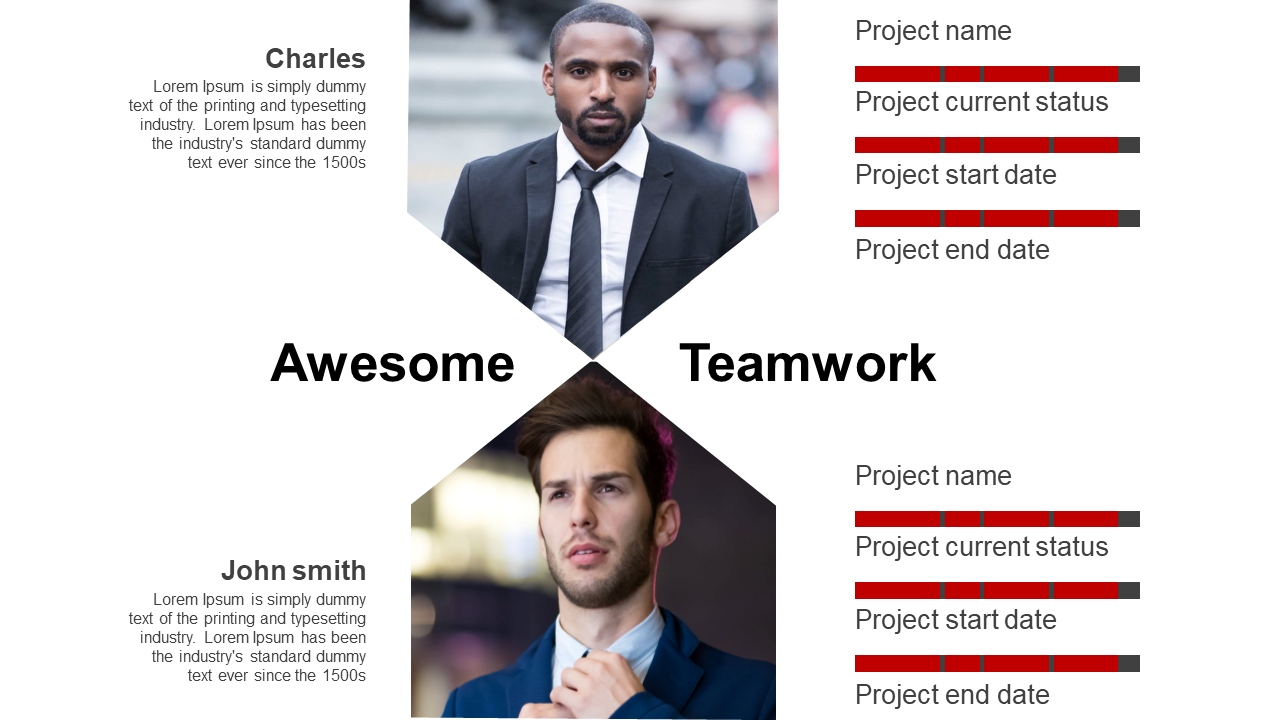 Teamwork slide with two images of people in an arrow frame pointing each other, and red progress bars on the right.