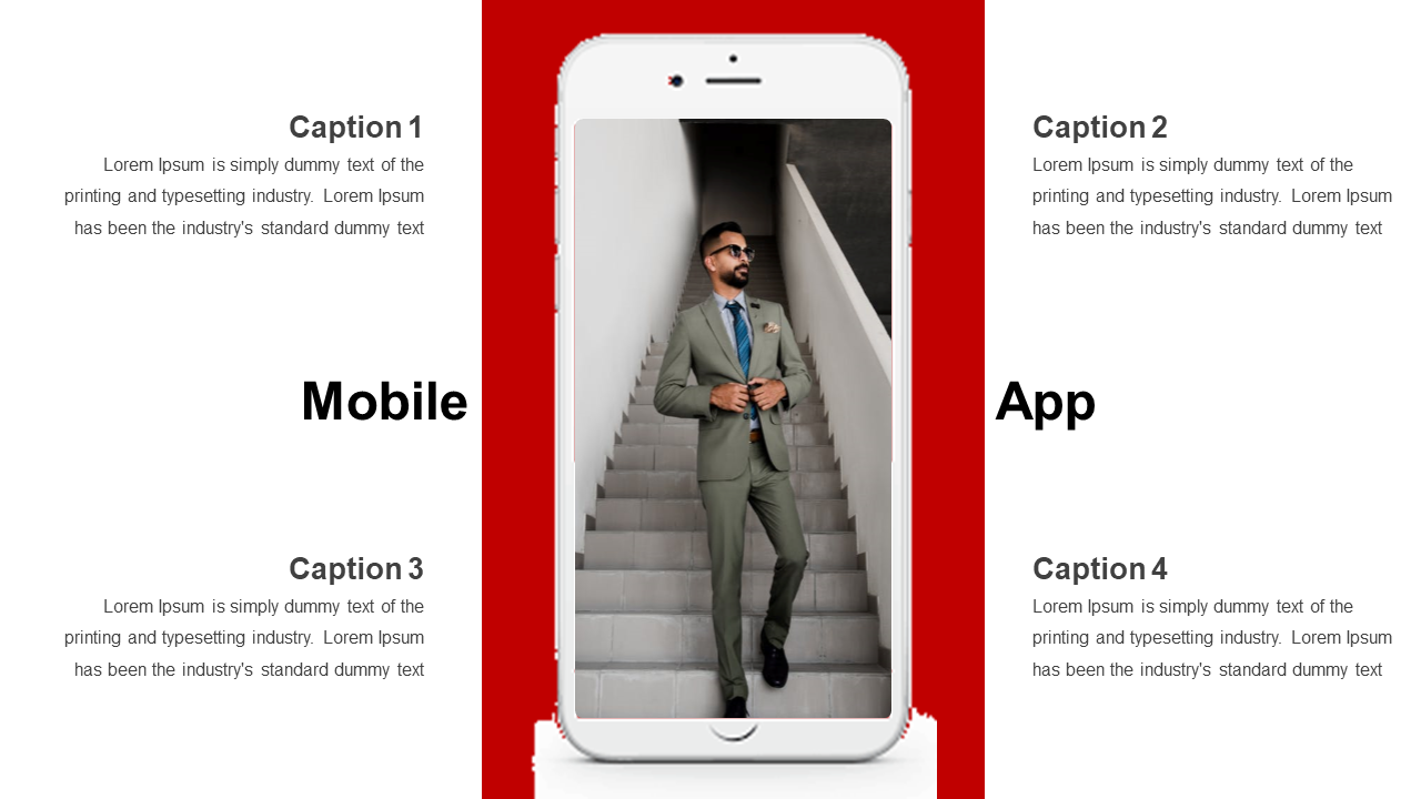 PPT slide featuring a business person in a suit walking up the stairs, framed within a mobile phone on a red background.