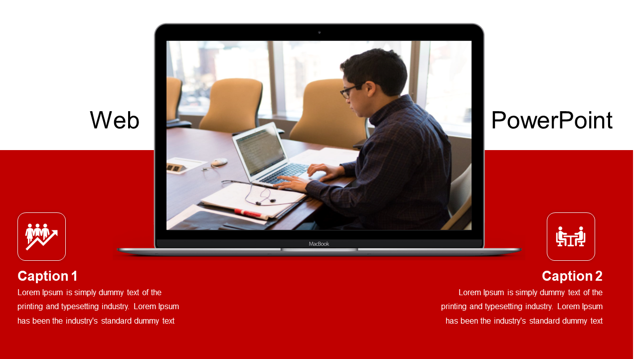 Web PowerPoint slide with a person working on a laptop and icons with placeholder text on a red theme.