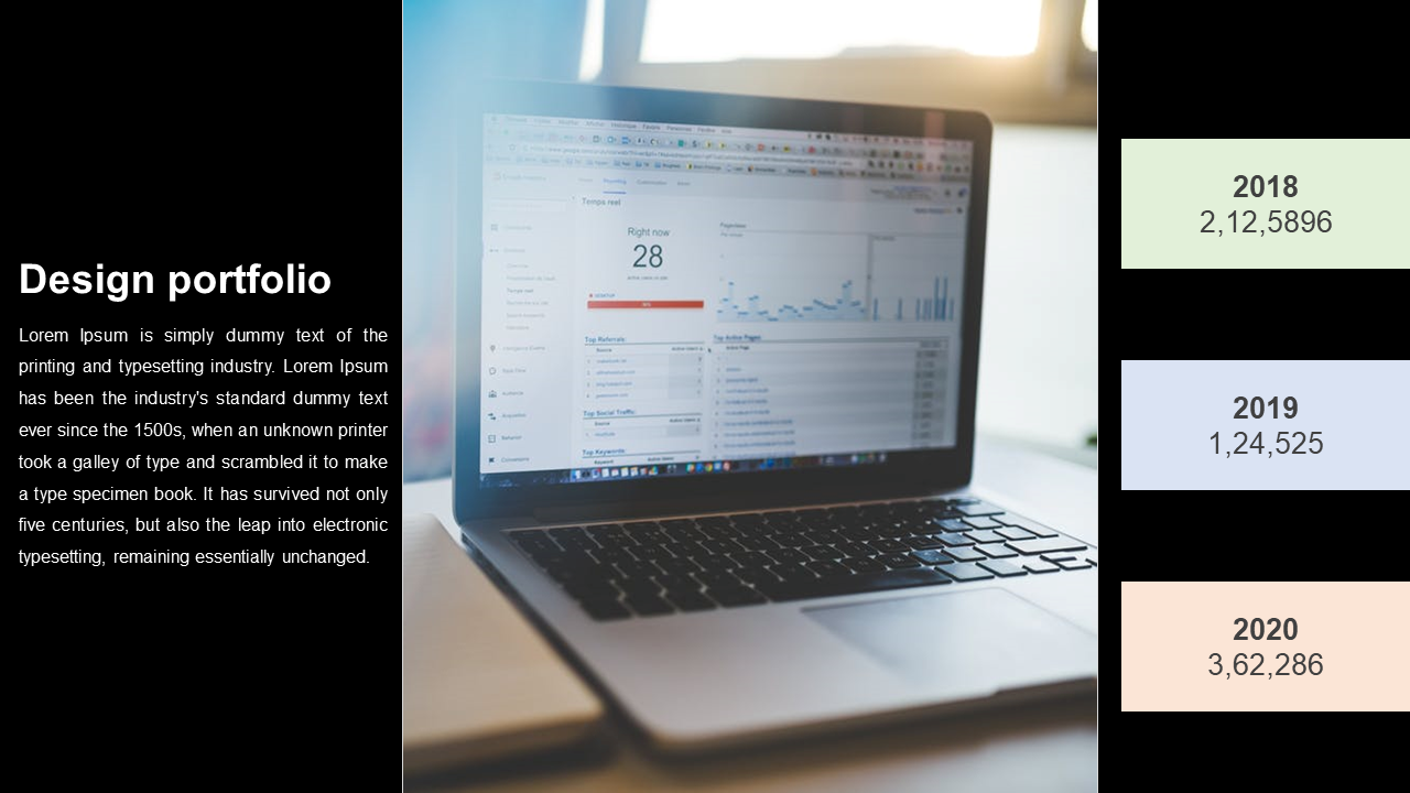 Design portfolio slide with a laptop displaying analytics, paired with year based statistics in pastel boxes on the right.