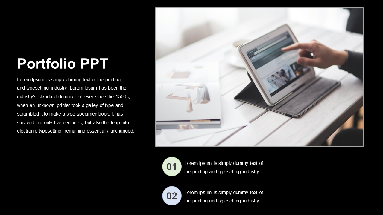 Portfolio PowerPoint template featuring a tablet and business documents with placeholder text.