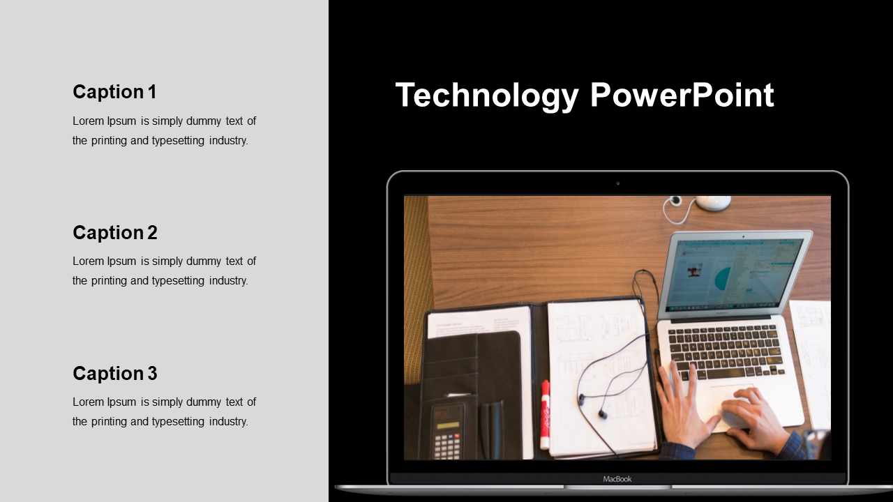 Technology PowerPoint slide featuring a laptop with an open document and captions on the left.