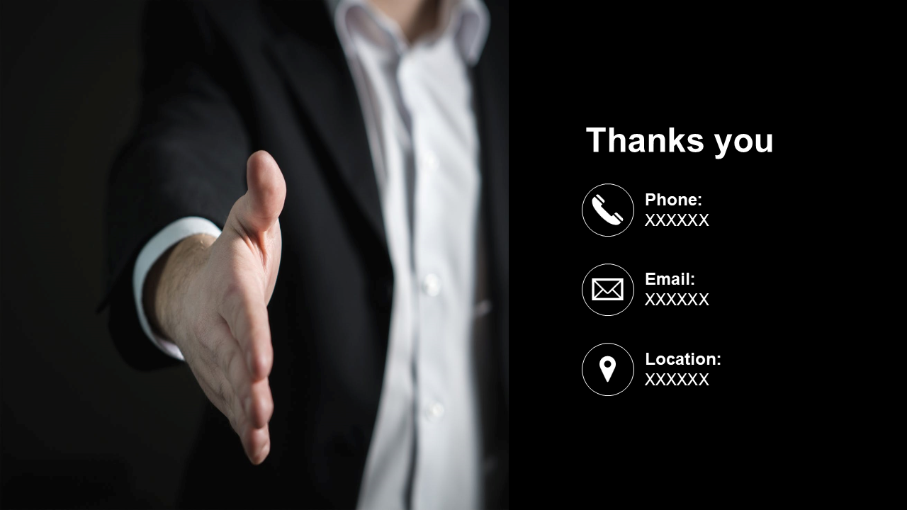 Thank you slide with a close up of a hand extending for a handshake, on a dark background and contact details on the right.