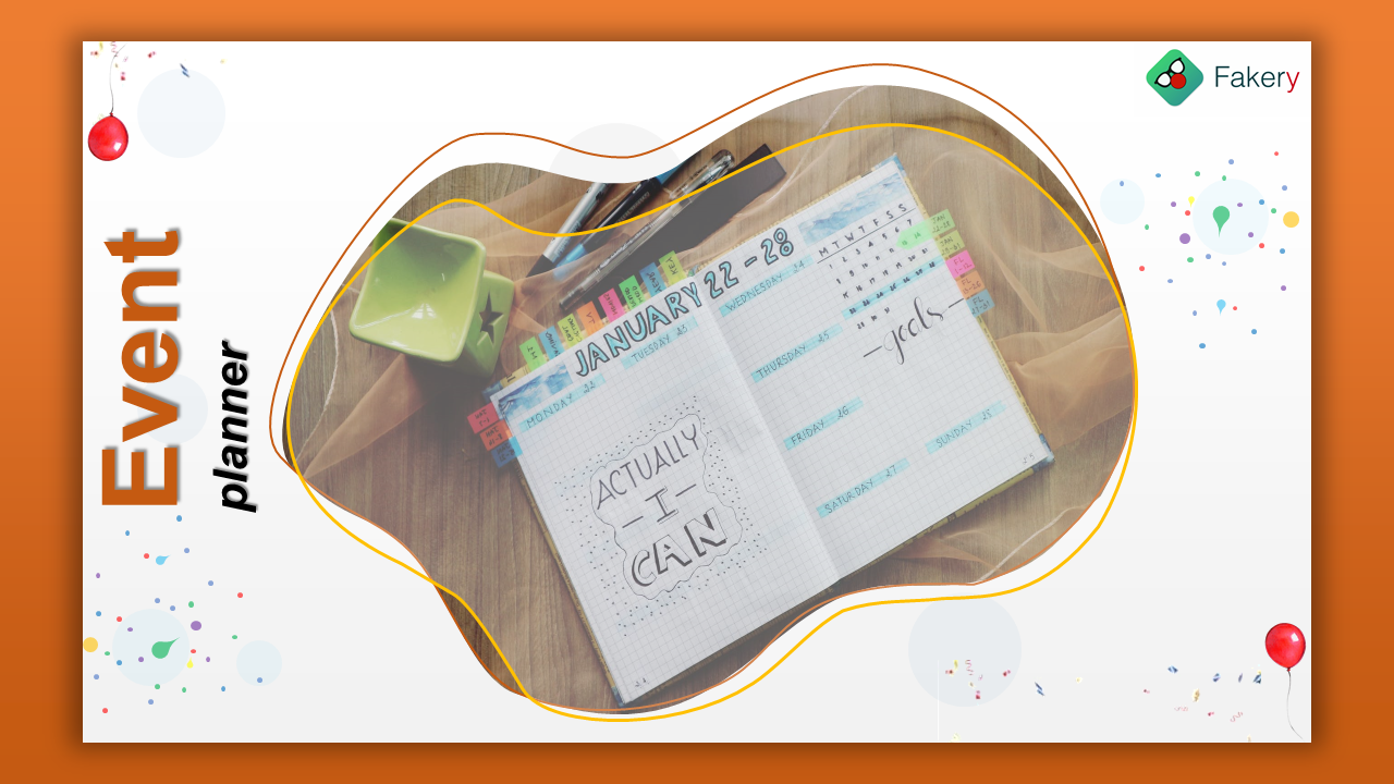 Notebook showing a weekly calendar and motivational quote, framed with orange accents and colorful confetti patterns.