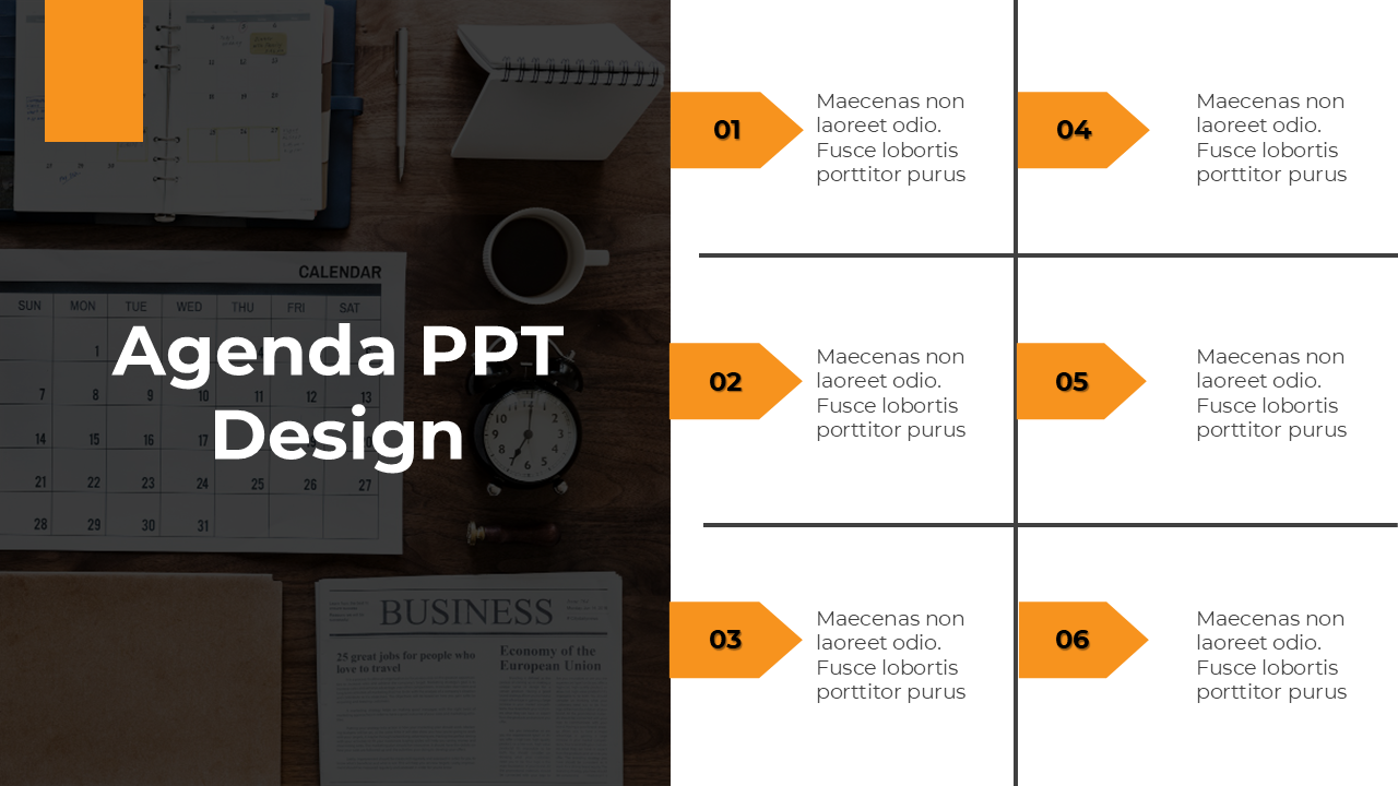 Agenda PowerPoint slide featuring calendar, clock, and business papers with numbered sections for descriptions.