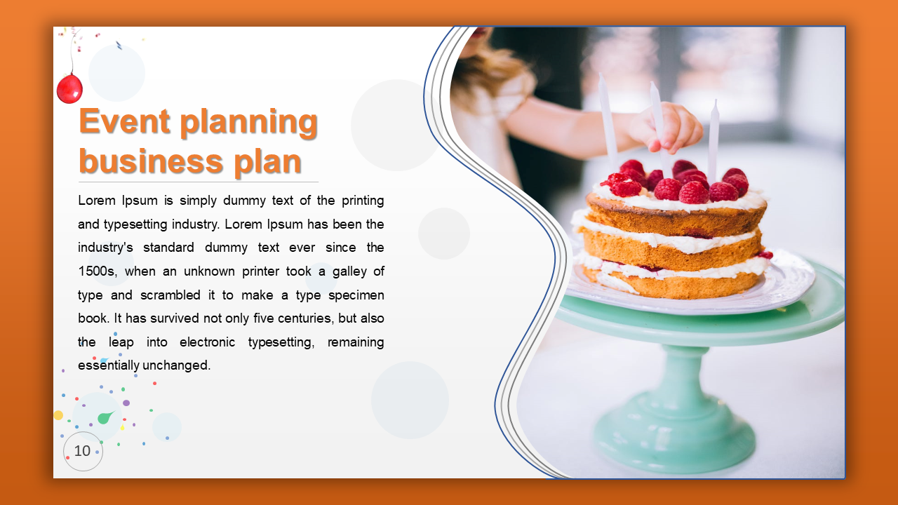 Event planning business plan slide with text on the left and an image of a layered cake with raspberries on the right.