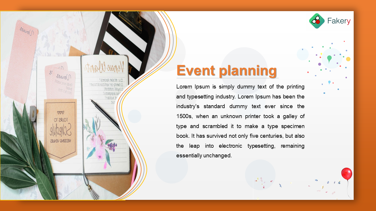 Open notebook with floral designs, cards, and leaves on a white background, bordered by an orange accent curve.