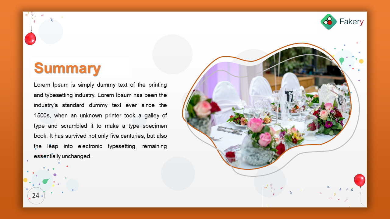 Orange bordered slide with summary text on the left, alongside a decorative wavy framed image of a banquet table setup.