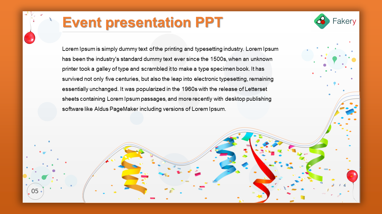 White slide bordered with orange background, featuring colorful confetti, ribbons, and decorative balloons.