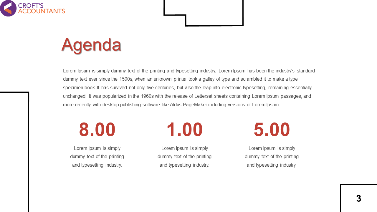 Agenda slide with a text section and three red colored numerical values, set against a white background.