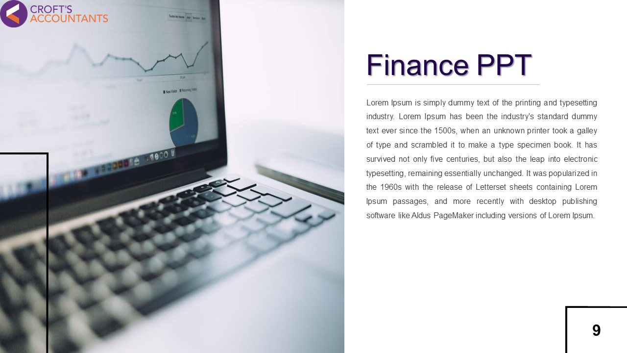 Finance template with a laptop displaying colorful line graph and a circular pie chart with text on the right.