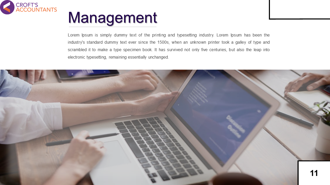 Management-themed slide with a title, text block, and a background image of a collaborative workspace.