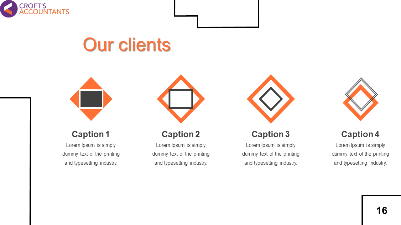 Client slide featuring four orange diamond-shaped icons with caption areas, alongside with a placeholder for a company logo.