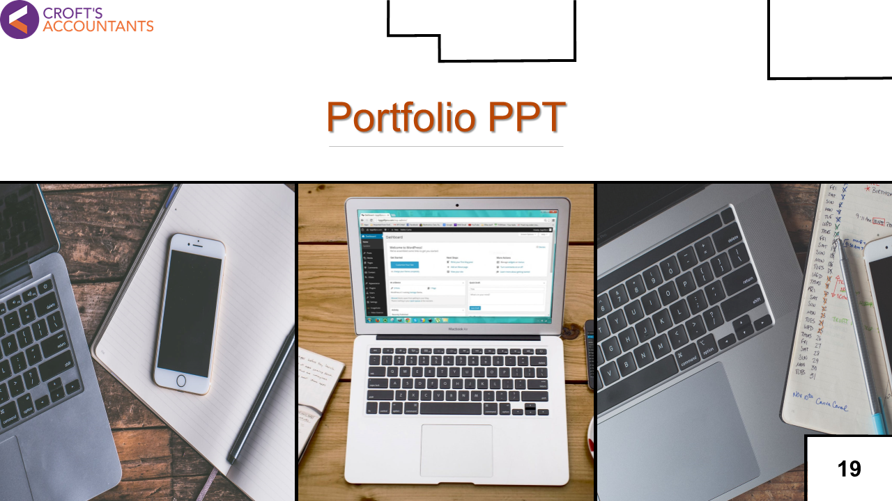 Professional portfolio slide with a tech setup, including laptops, a smartphone, and office stationery.