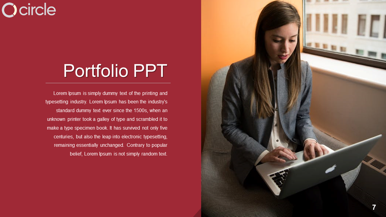 Portfolio PowerPoint slide with a woman working on a laptop and a maroon background with placeholder text.