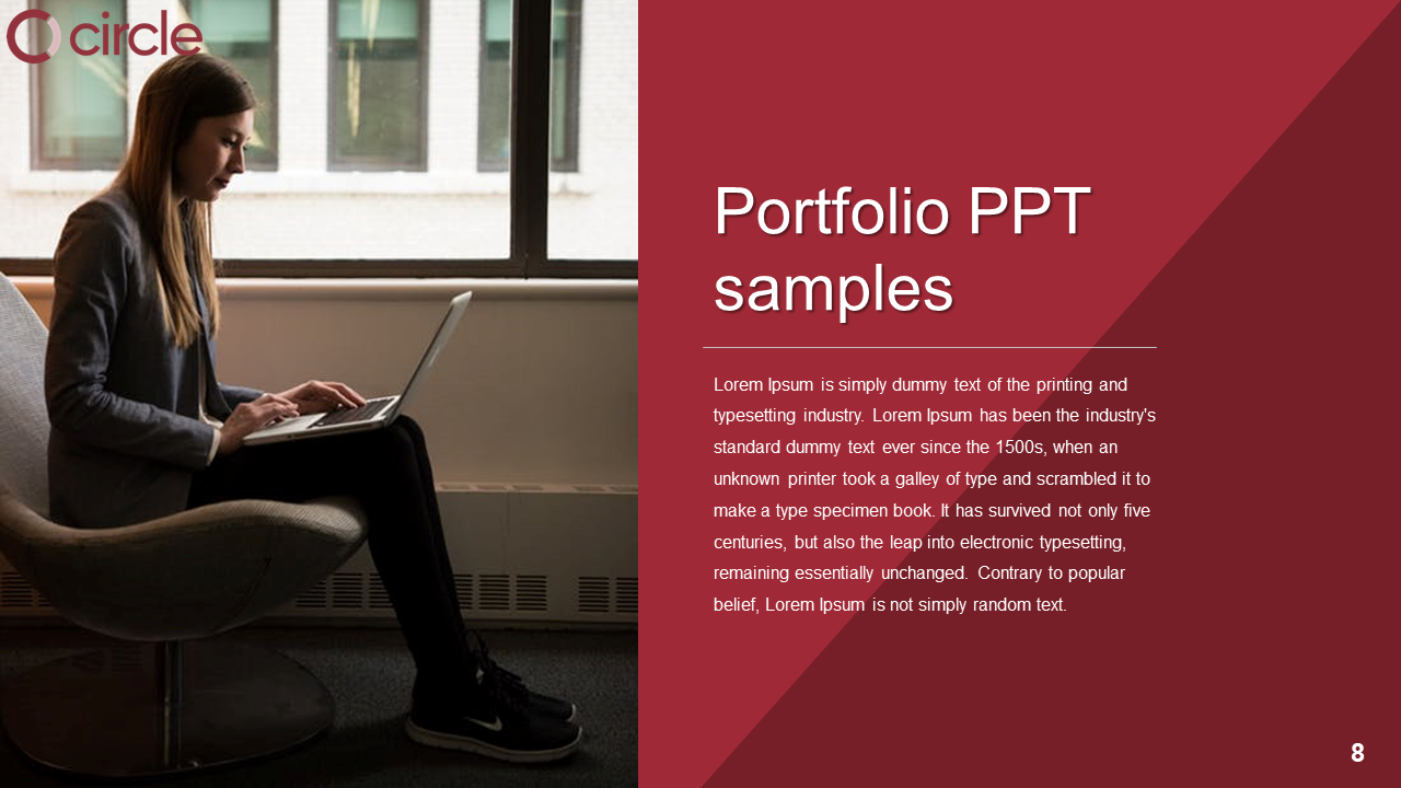 Portfolio slide with a woman typing on a laptop near a window, and text overlay on a red background.